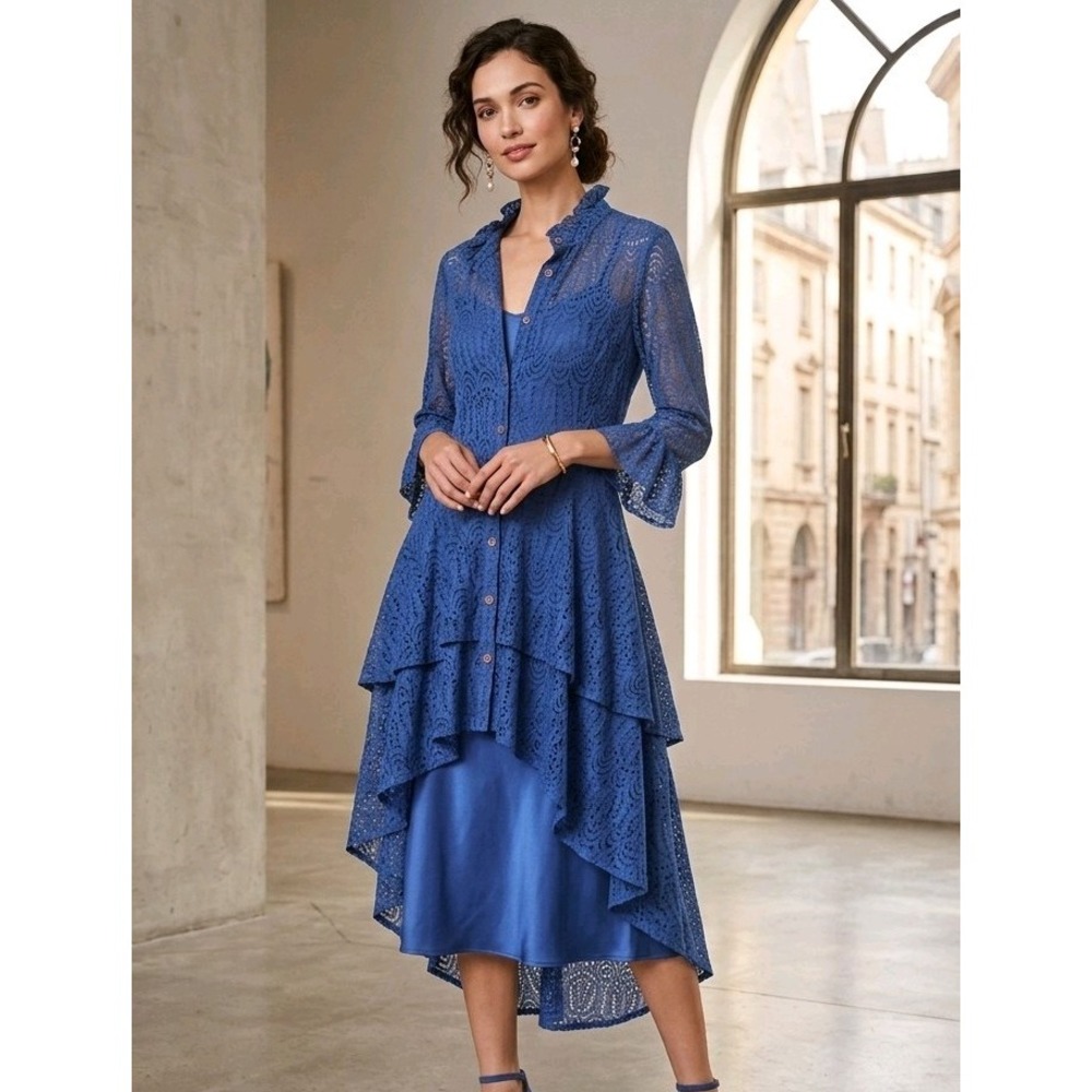 Navy Blue Lace Duster Cardigan Small High Low Ruffle Maxi Jacket Boho Top  Dress